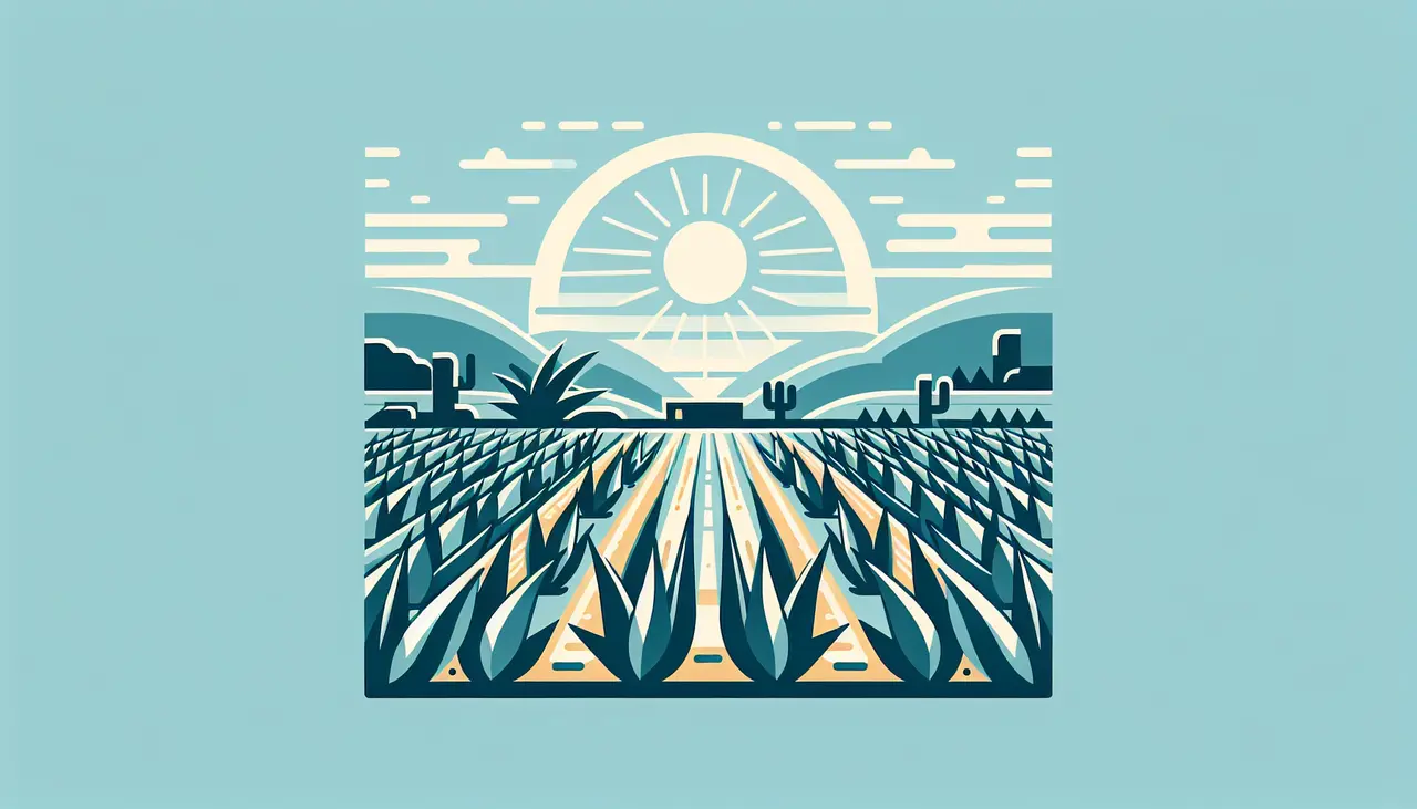 Draw a graphic in flat design style. A traditional Mexican agave farm with a blue sky and sun.