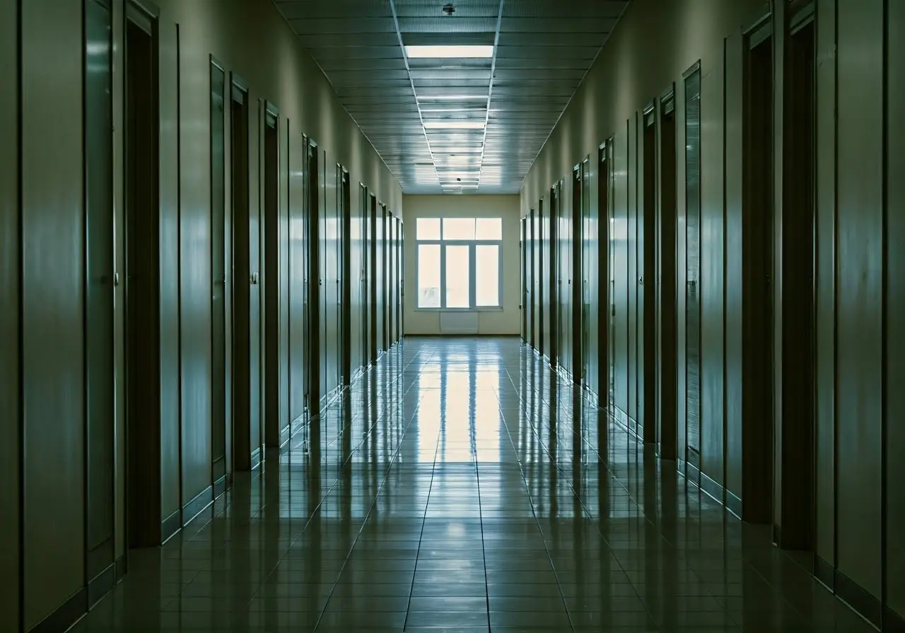 A spotless office hallway with shining floors and clean surfaces. 35mm stock photo