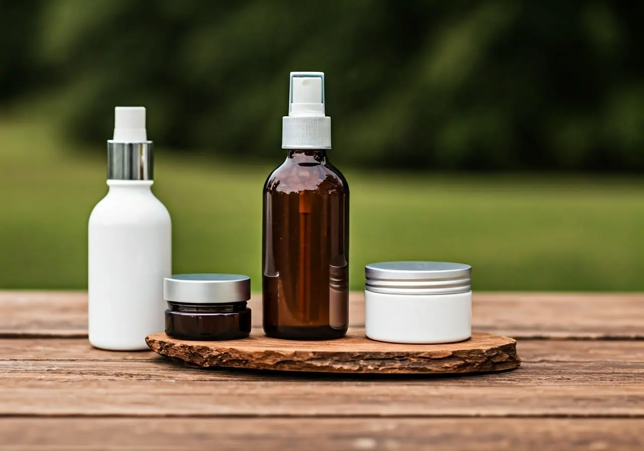 A selection of organic skincare products on a wooden table. 35mm stock photo