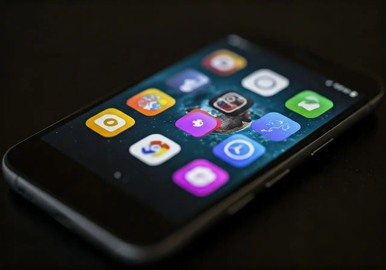 An array of colorful app icons on a smartphone screen. 35mm stock photo