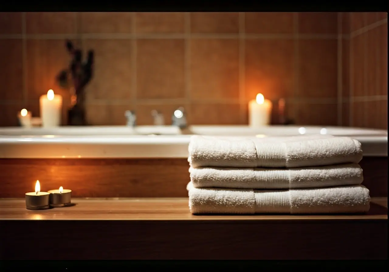 Tranquil bath with aromatic candles and neatly stacked towels. 35mm stock photo