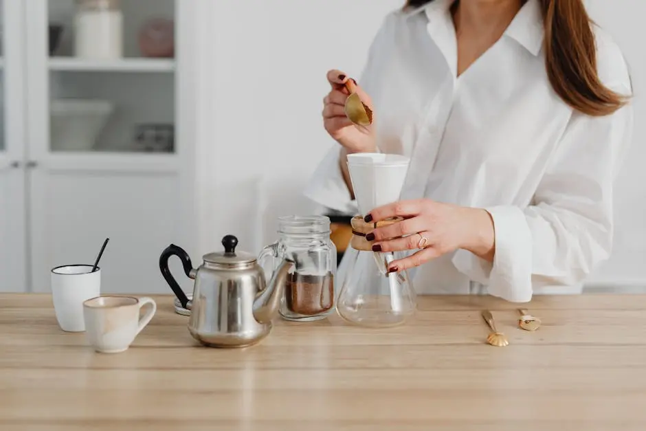 A woman in a white shirt prepares coffee using a Chemex and various tools on a wooden surface.