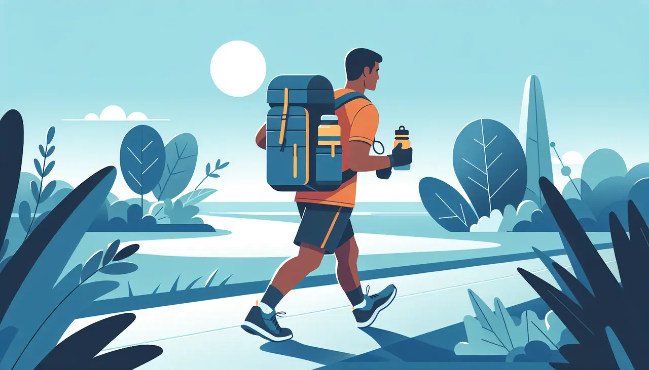 Draw a graphic in flat design style. A person jogging with a sleek multipurpose backpack on a minimalist path, with a water bottle and a towel peeking out.