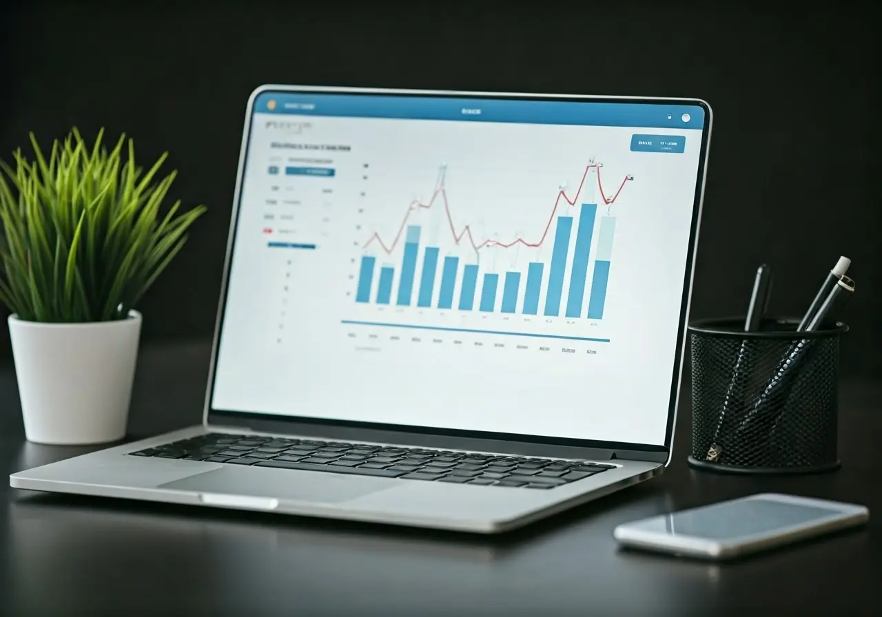 Laptop with analytics dashboard in modern office setting. 35mm stock photo