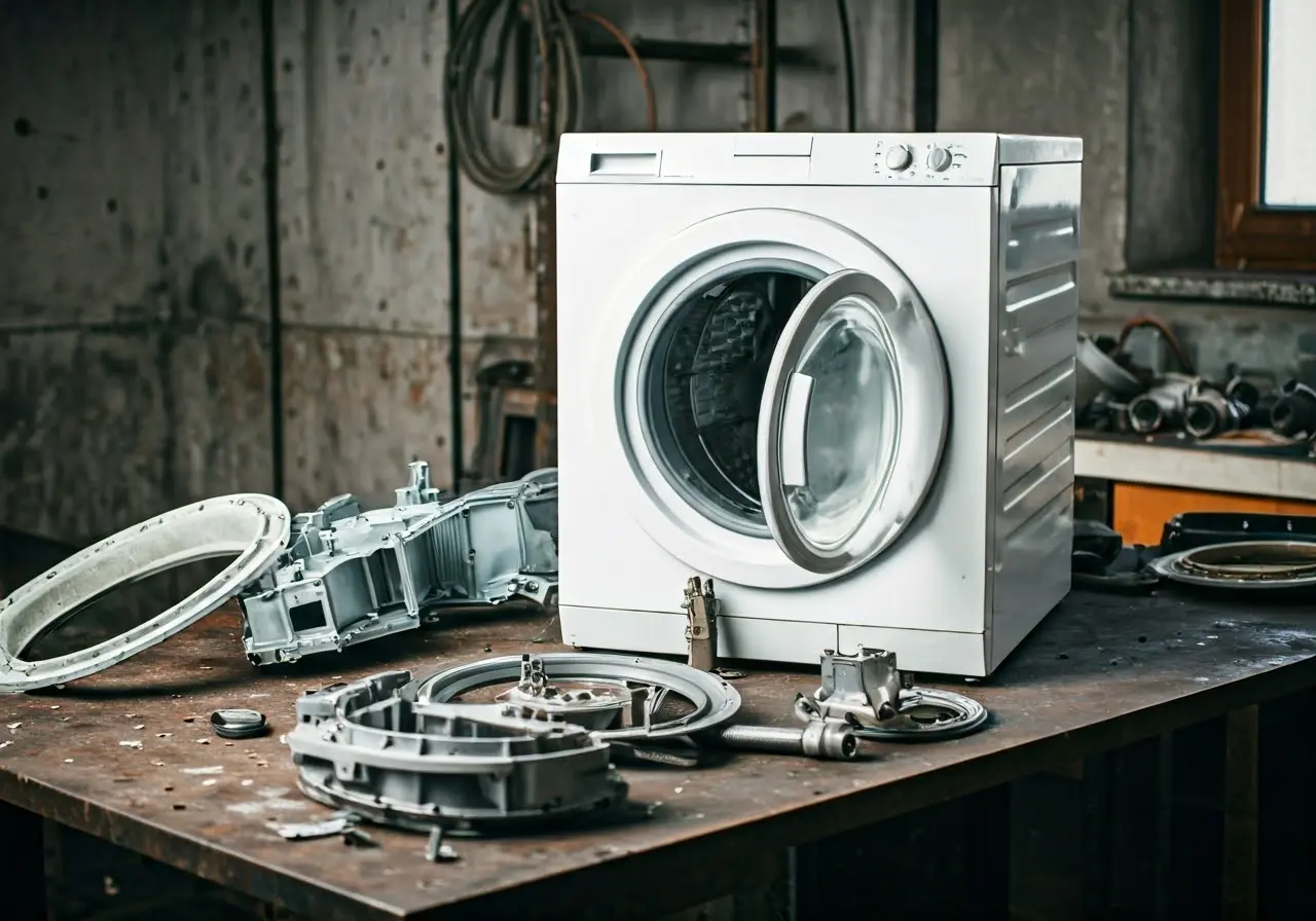 A broken dryer with scattered parts on a workshop table. 35mm stock photo