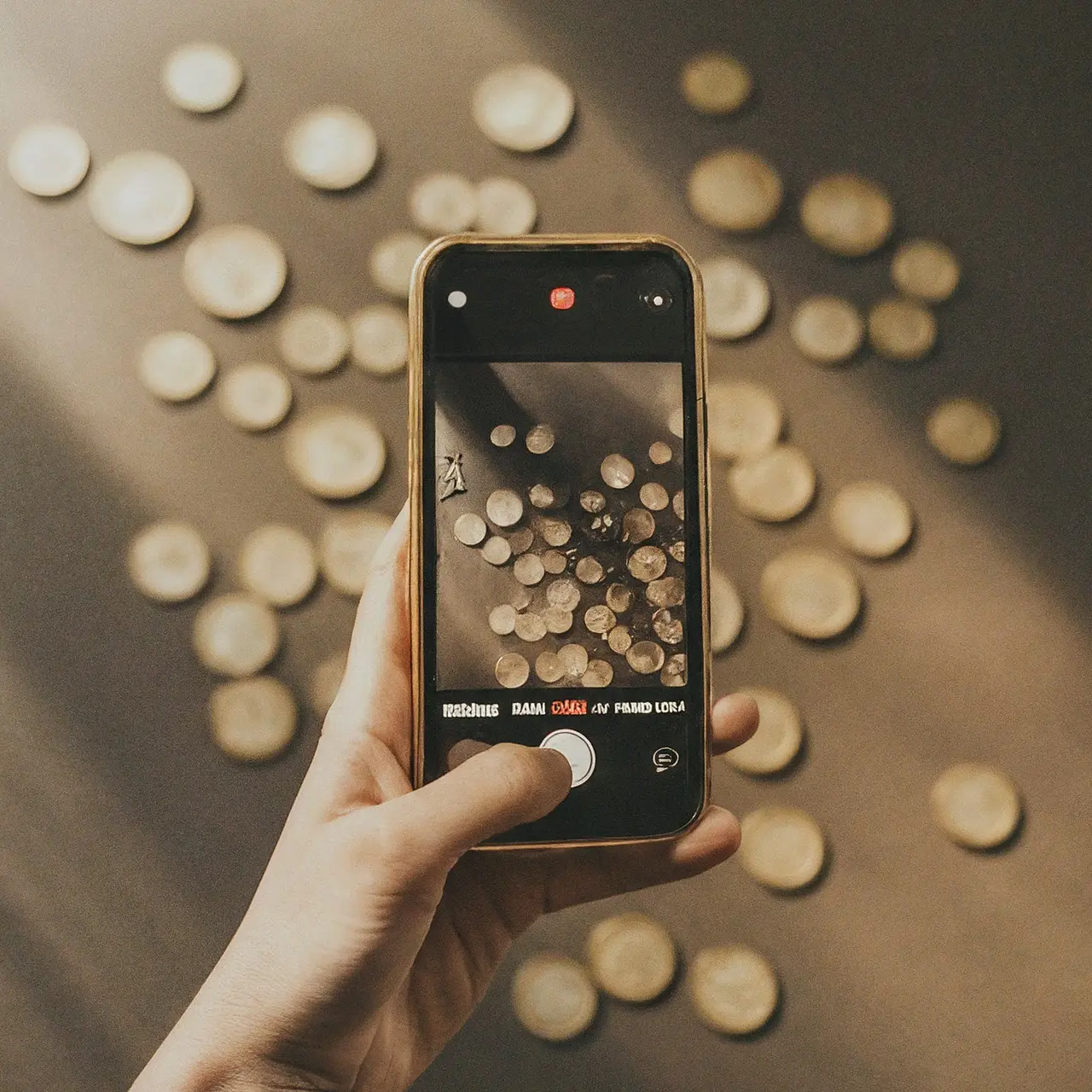 A smartphone recording a TikTok video with euro currency symbols. 35mm stock photo