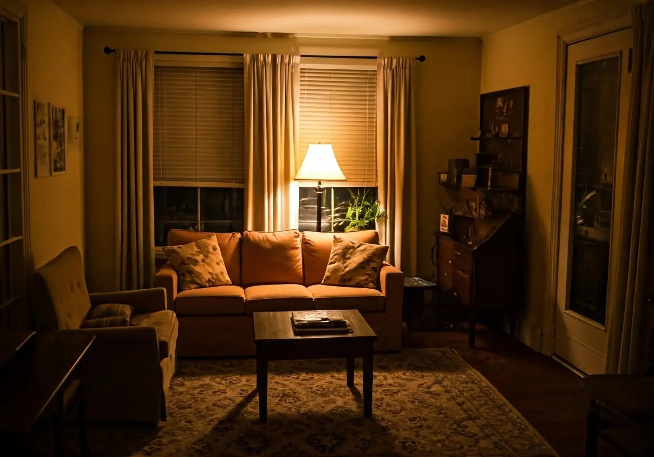 A cozy home with soft lighting and comfortable furnishings. 35mm stock photo