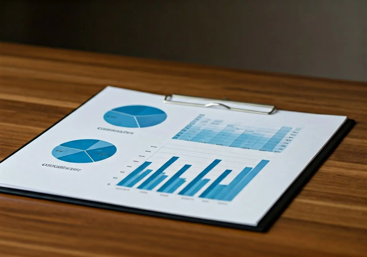 A business report with graphs and charts on a wooden desk. 35mm stock photo