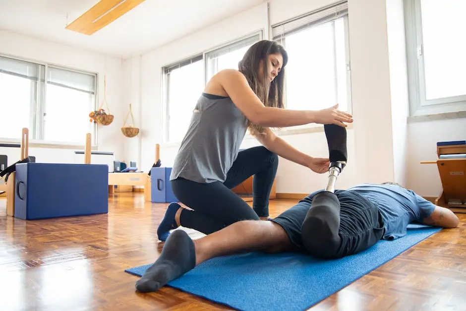 A therapist helps a patient with a prosthetic leg during a rehabilitation session on a yoga mat indoors.