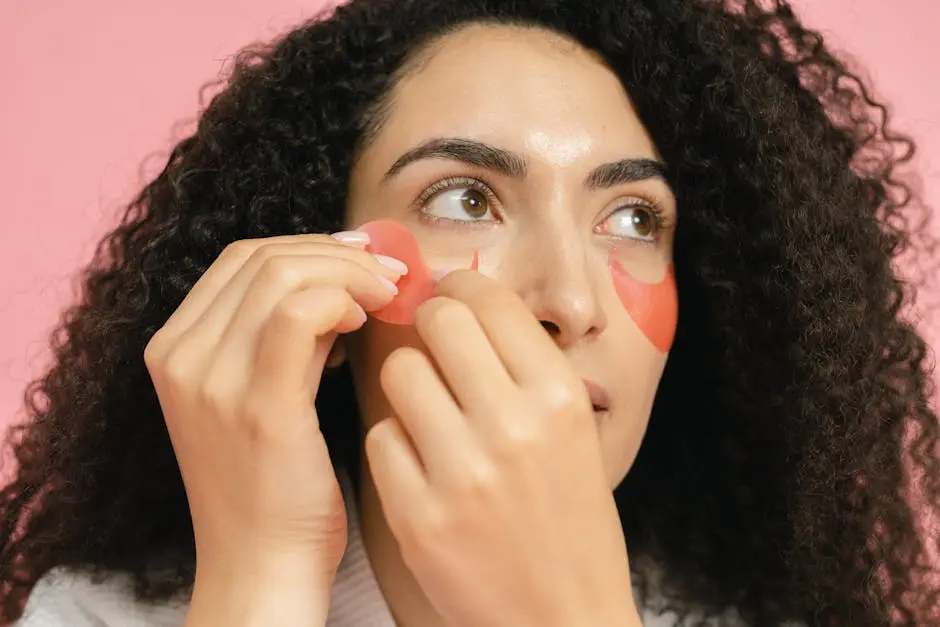 Close-up portrait of a woman applying pink eye patches on a soft pink background.