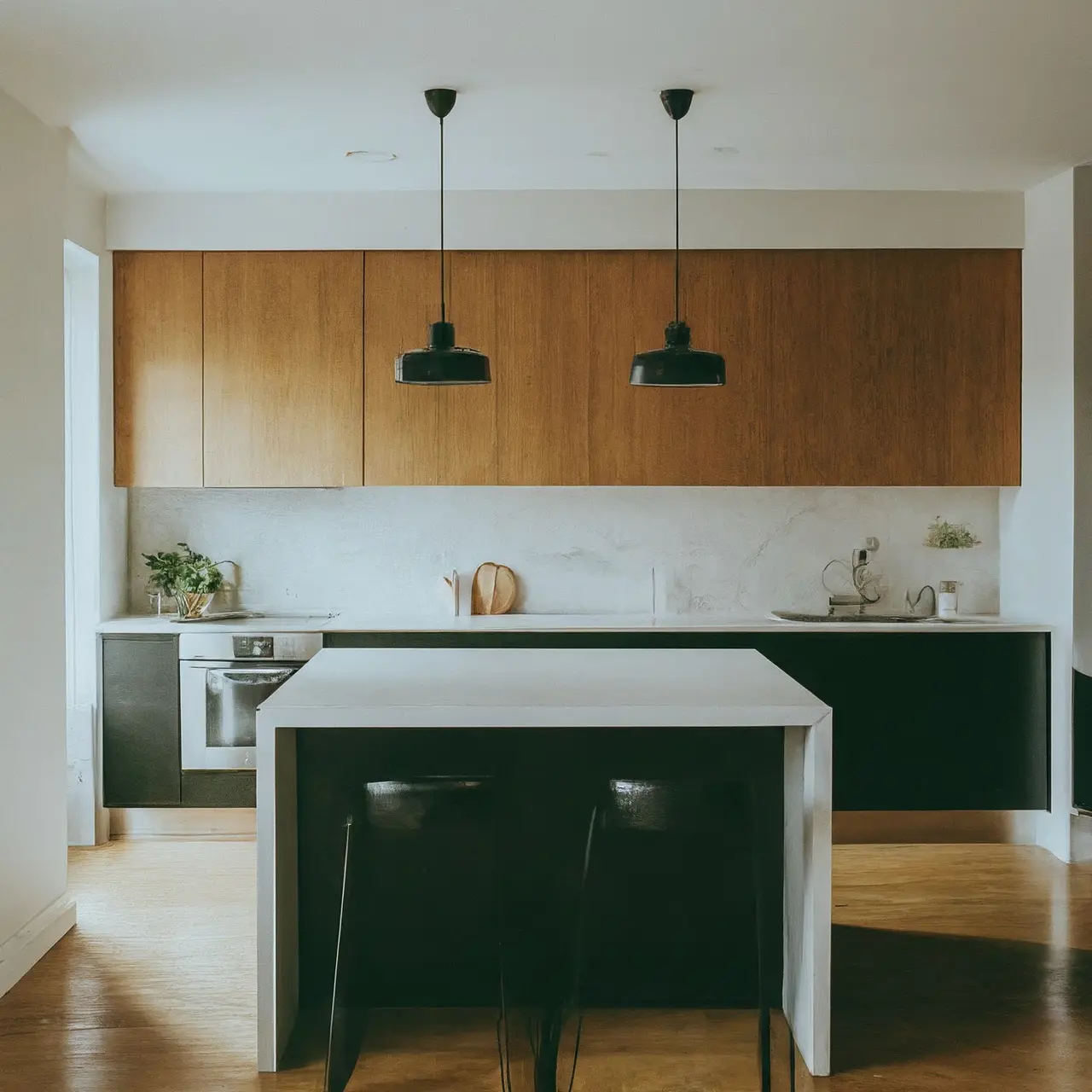 Modern kitchen with sleek countertops and smart appliances. 35mm stock photo