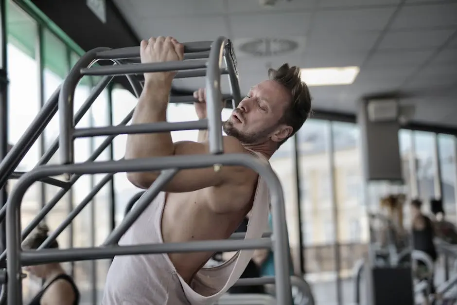 Side view of strong muscular male athlete in casual sportswear doing chin ups during intense training in modern fitness center