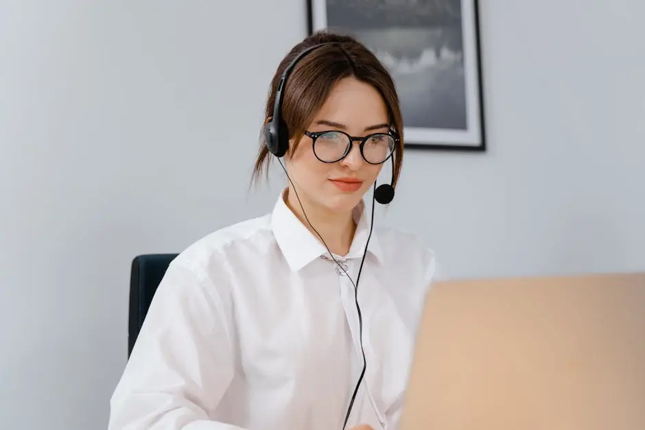 Woman with headset working on a laptop as customer support in an office environment.