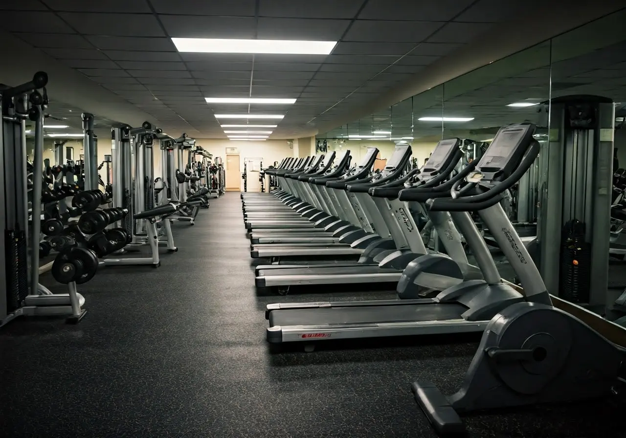 Rows of neatly organized gym equipment in a clean, bright room. 35mm stock photo