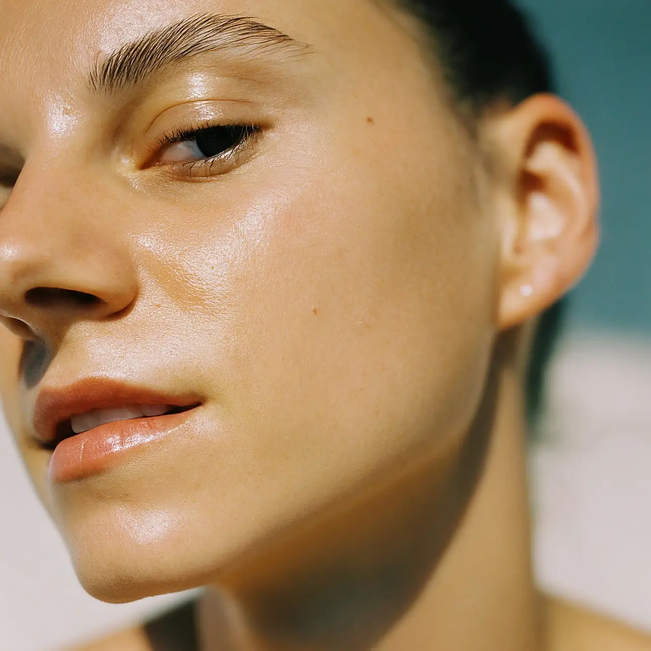 A close-up of glowing, healthy skin with clear complexion. 35mm stock photo