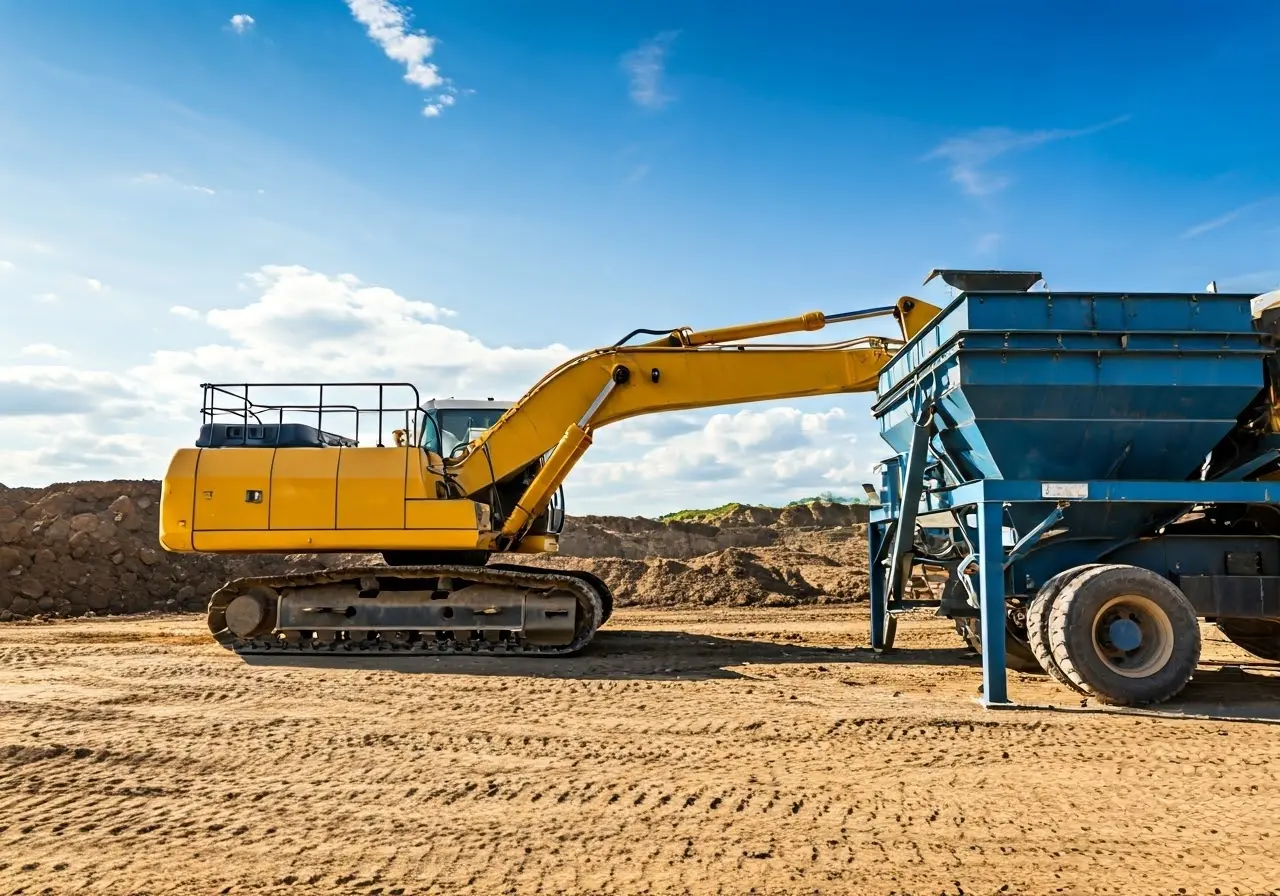 Yellow construction site excavator near dust collection equipment. 35mm stock photo