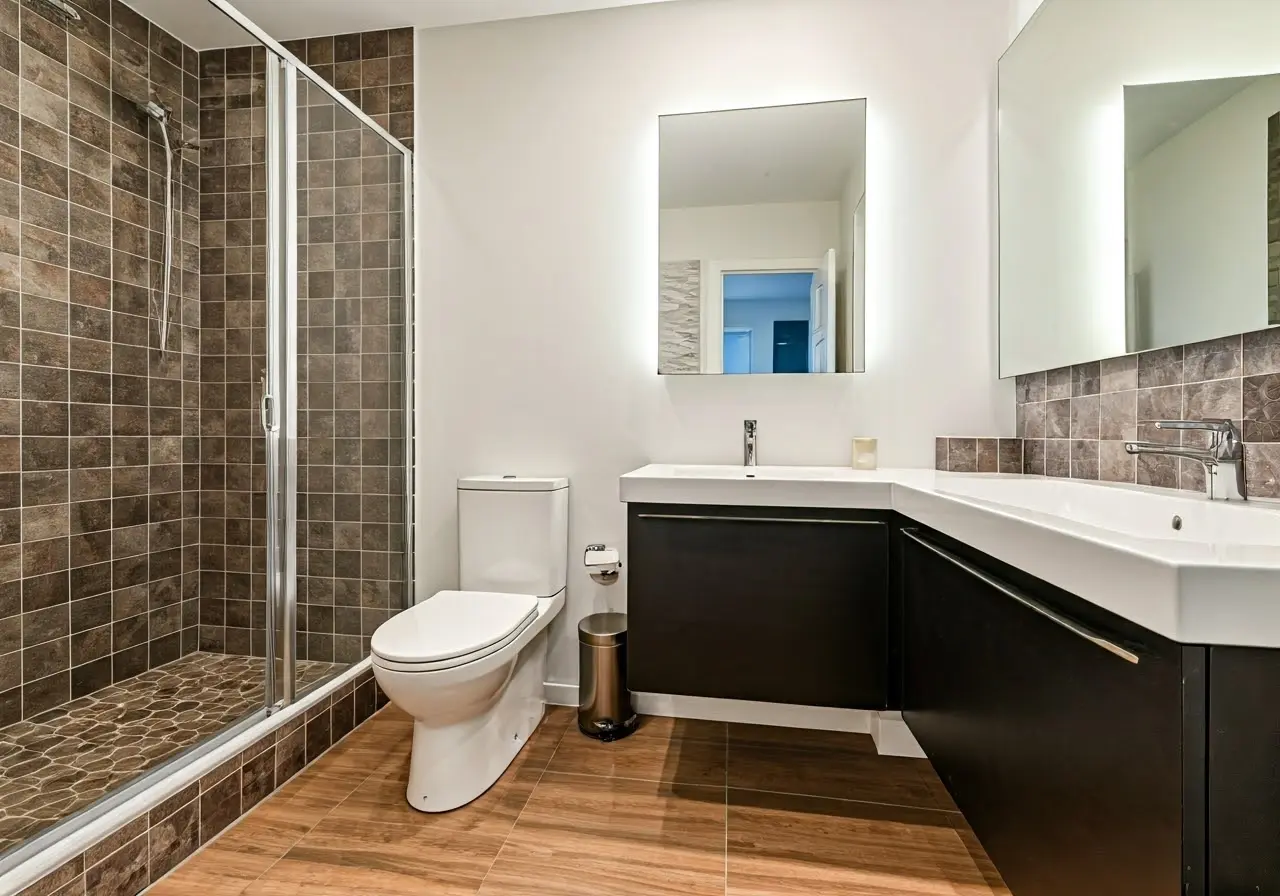 A modern bathroom with stylish budget-friendly fixtures and decor. 35mm stock photo