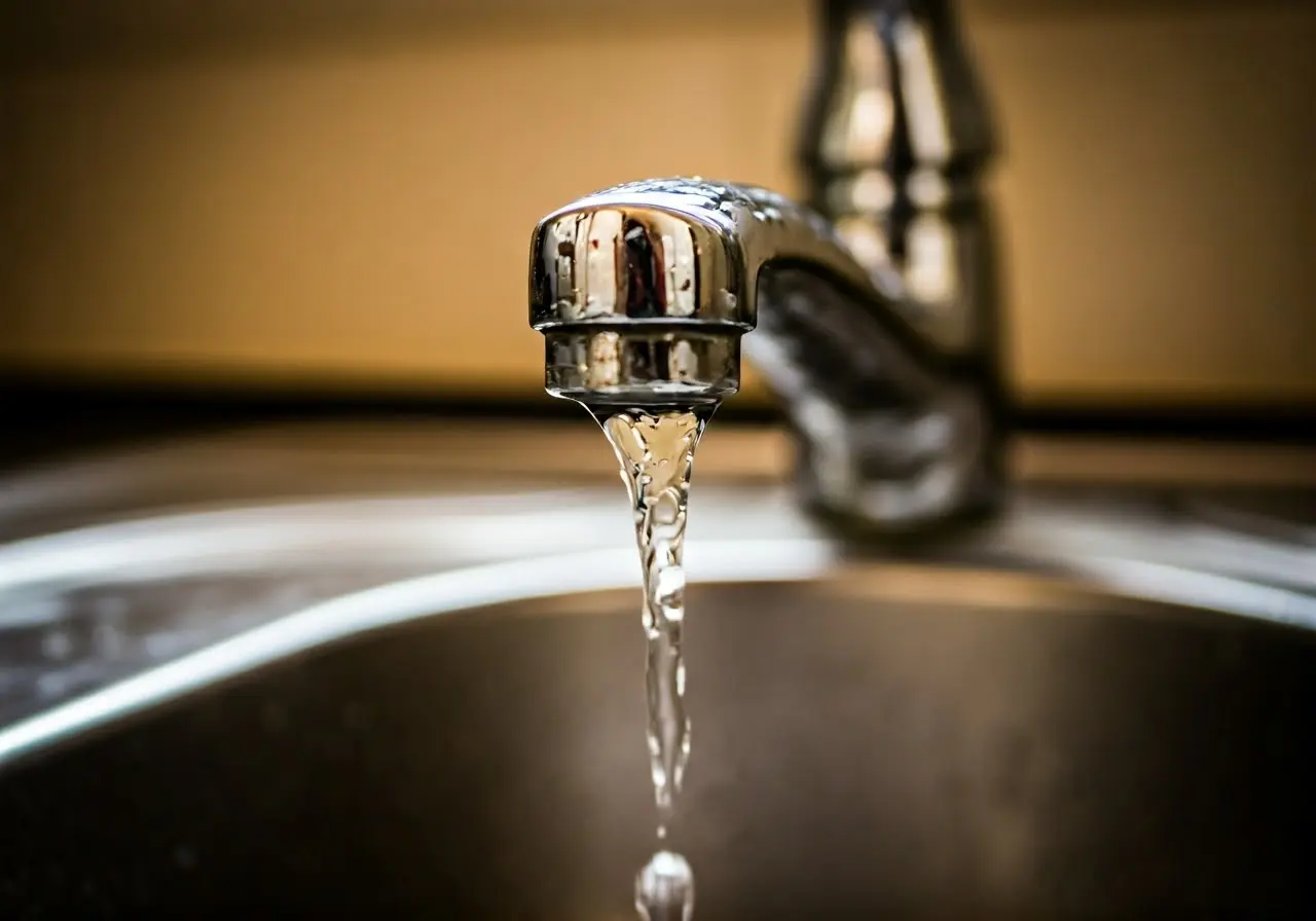 A leaky faucet dripping water into a stainless steel sink. 35mm stock photo