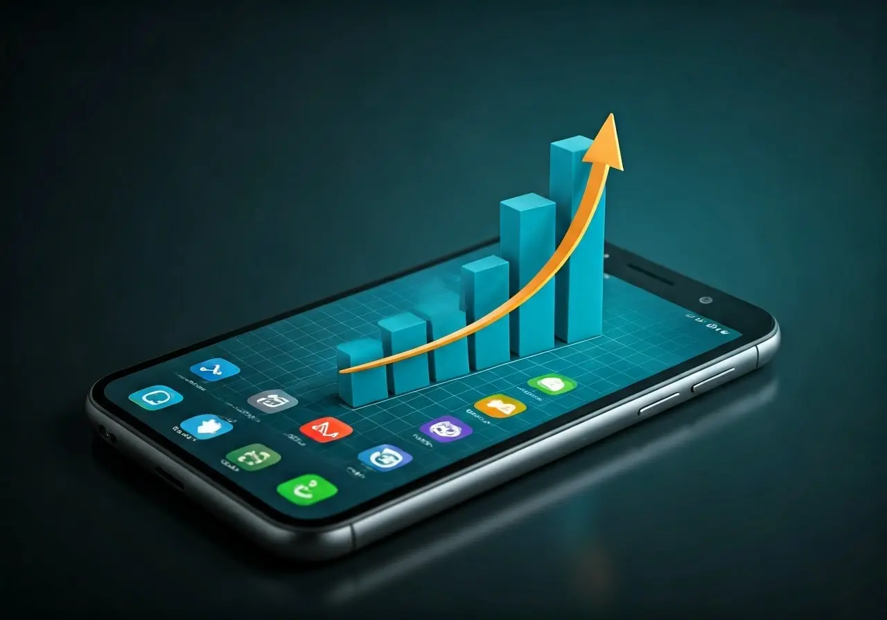 Smartphone with graph displaying increasing profits and app icons. 35mm stock photo