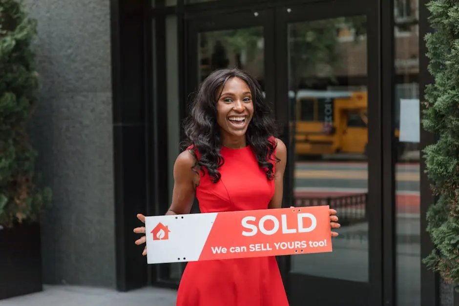 Smiling woman holding sold sign outside real estate office