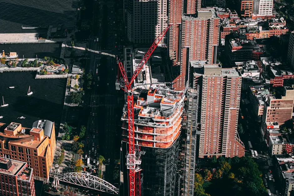 Aerial view of a construction site in downtown New York City with surrounding buildings.