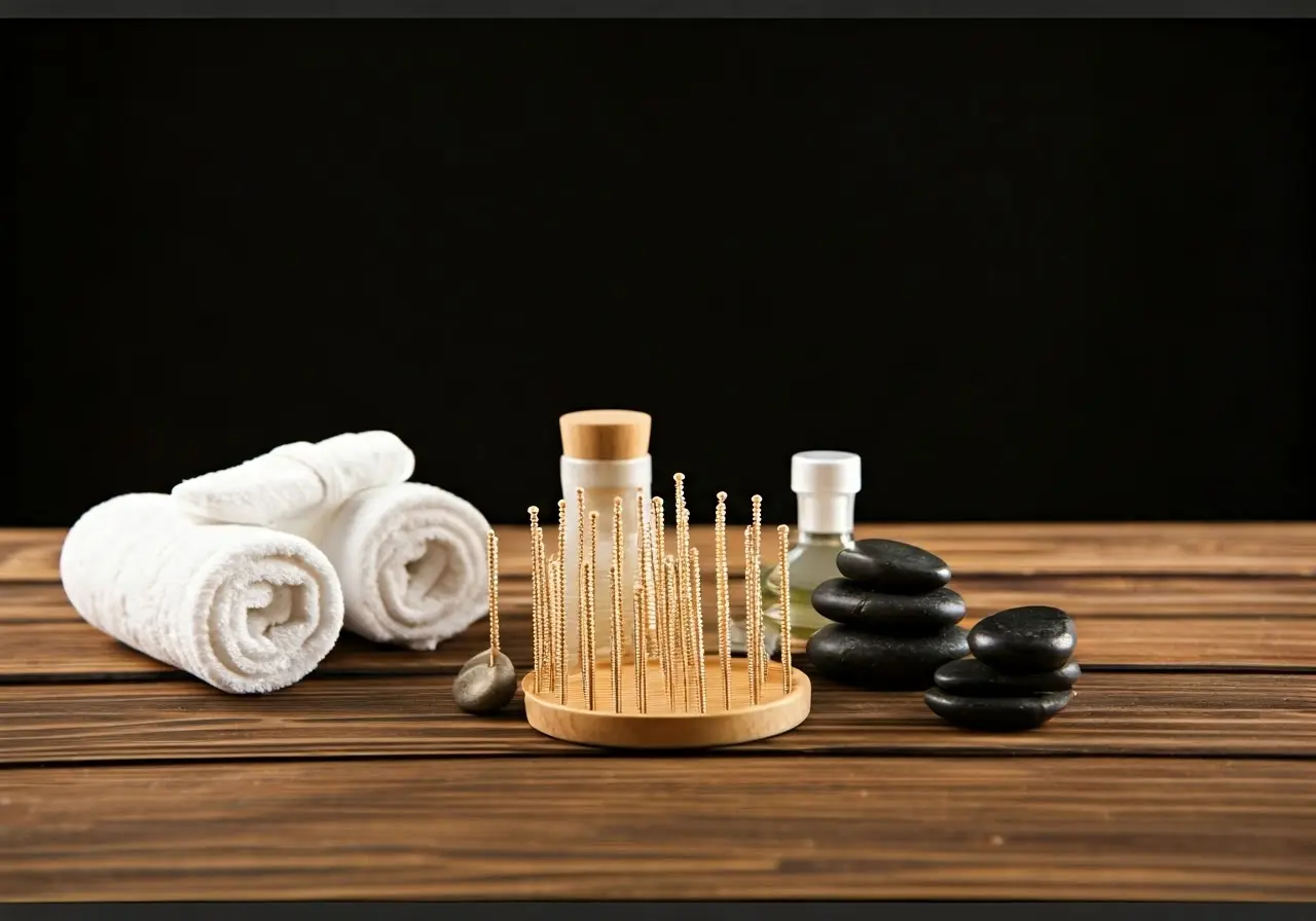 Tranquil spa scene with acupuncture tools and zen stones. 35mm stock photo