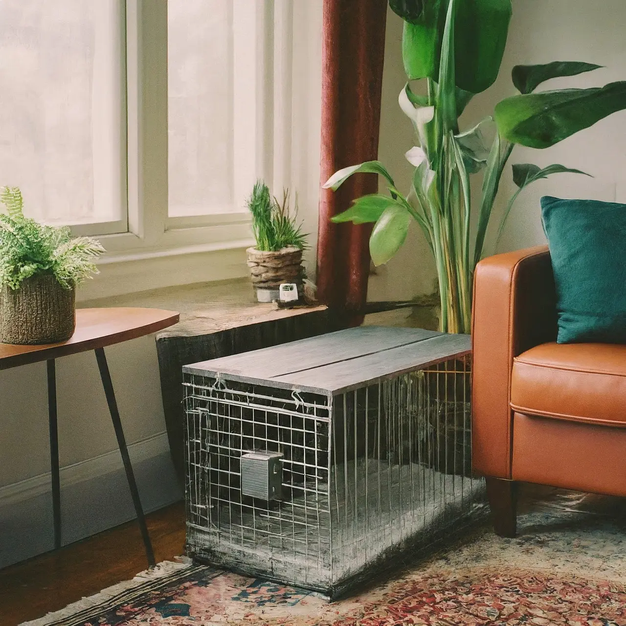 A medium-sized dog crate in a cozy living room. 35mm stock photo