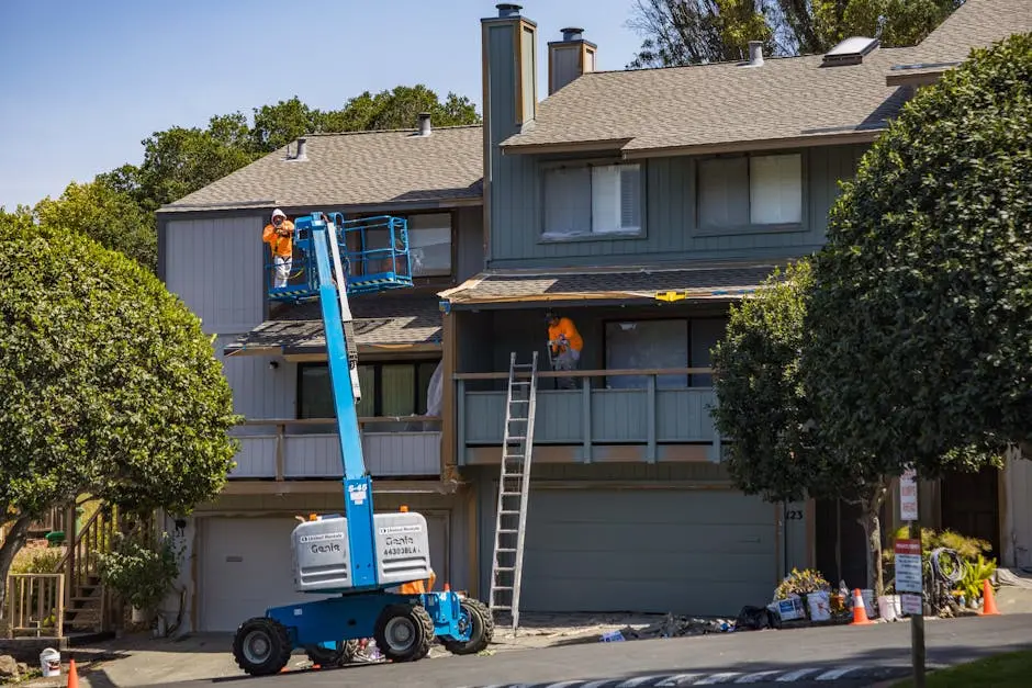 House being renovated with workers on a hydraulic lift in an urban area.