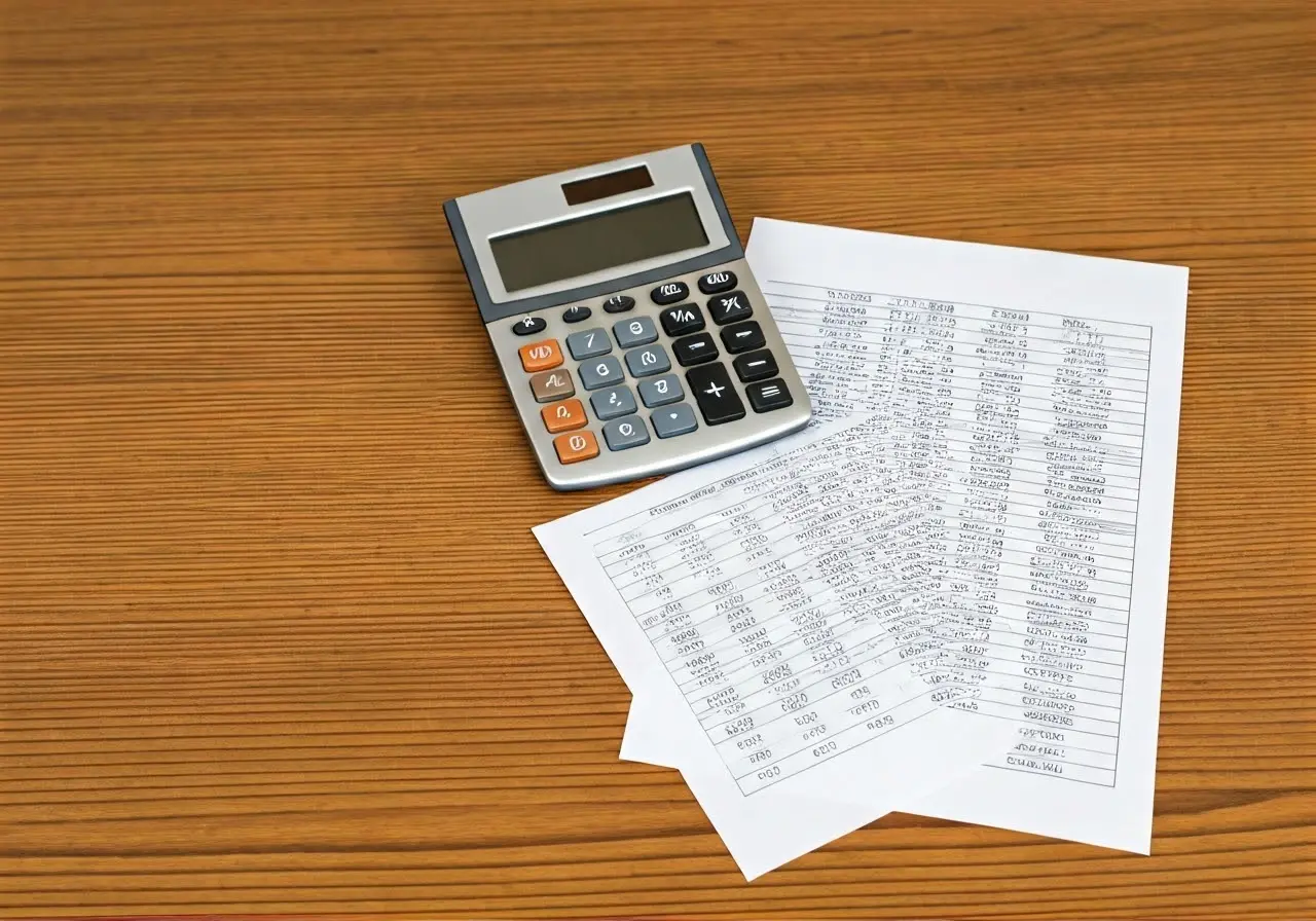 A calculator and financial statement on a wooden desk. 35mm stock photo