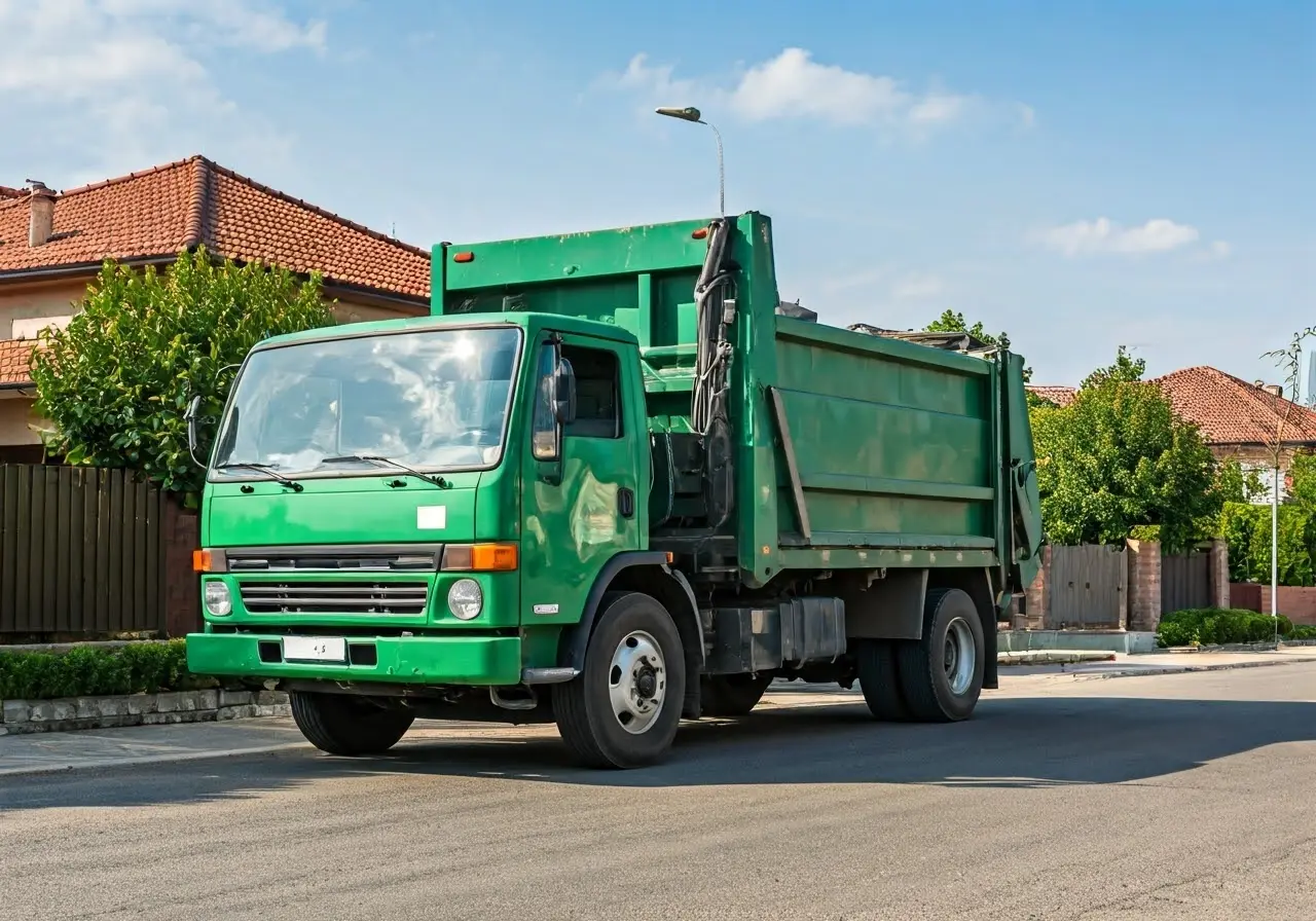 A green recycling truck collecting waste in a suburban neighborhood. 35mm stock photo