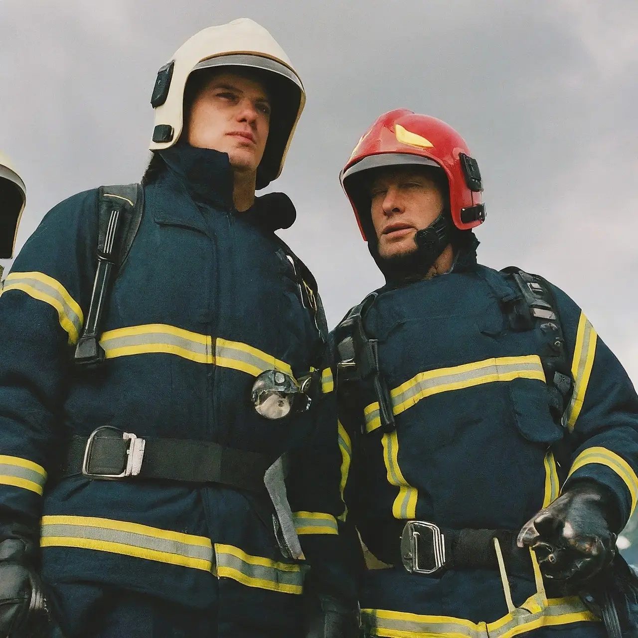 Firefighter team in action at an emergency scene. 35mm stock photo