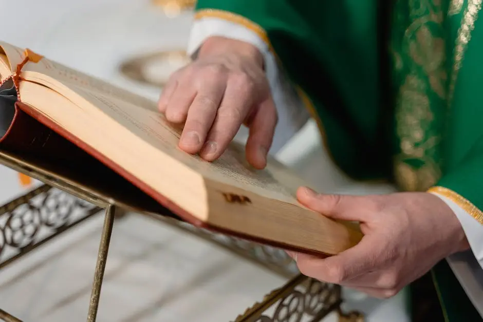 A priest in green robes reads from the Holy Bible, highlighting a moment of worship.