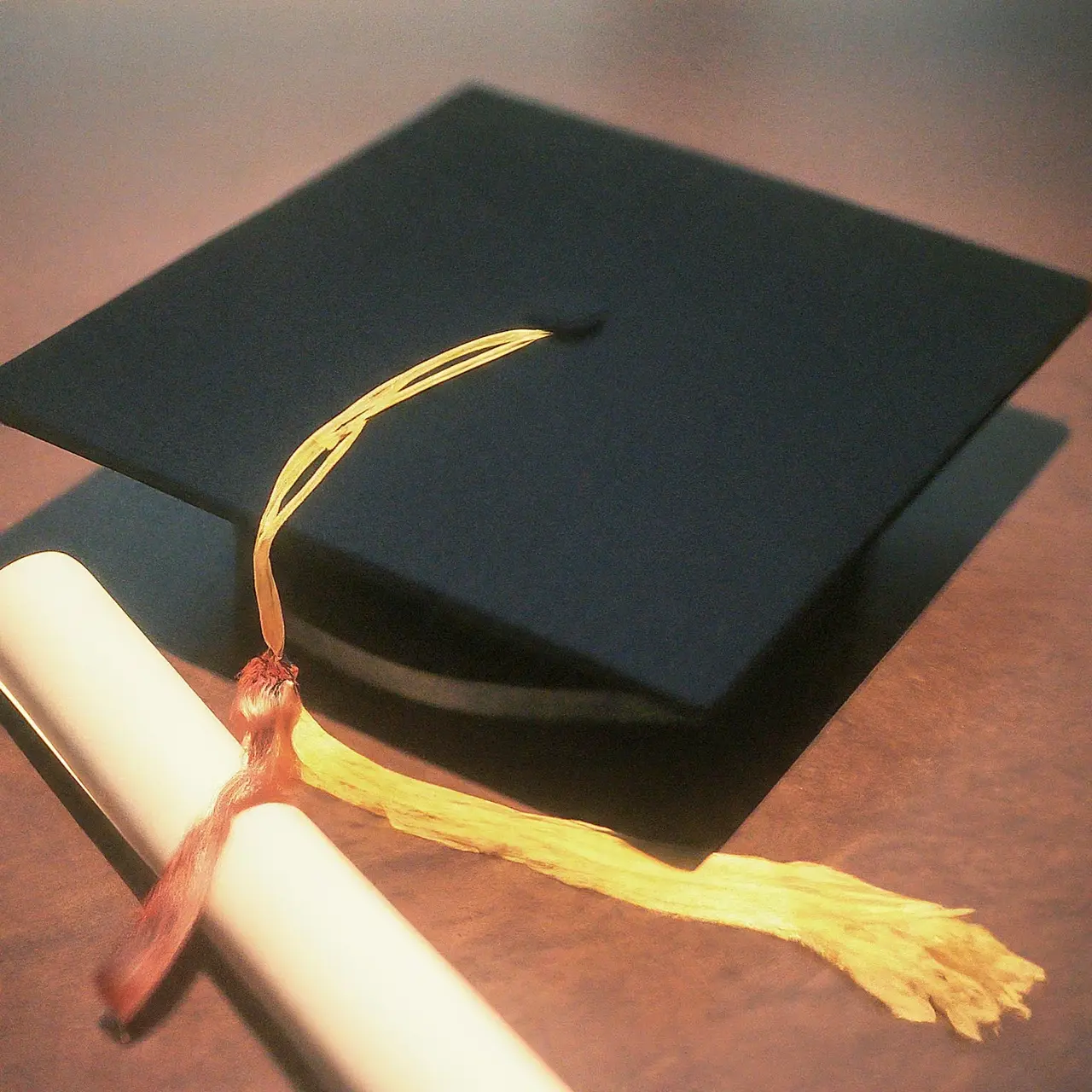 A university graduation cap and diploma on a table. 35mm stock photo