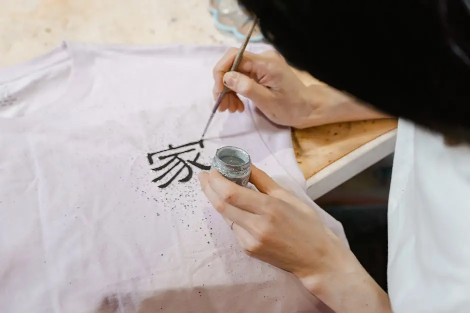 Artist hand painting calligraphy on a t-shirt, close-up view of creative process.