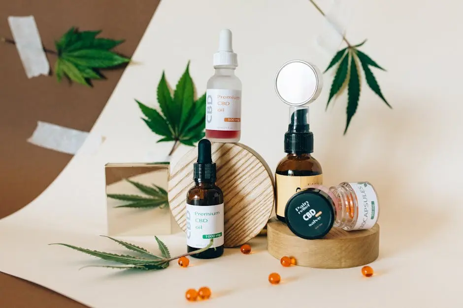 A collection of CBD oil products showcased with cannabis leaves on a neutral background.