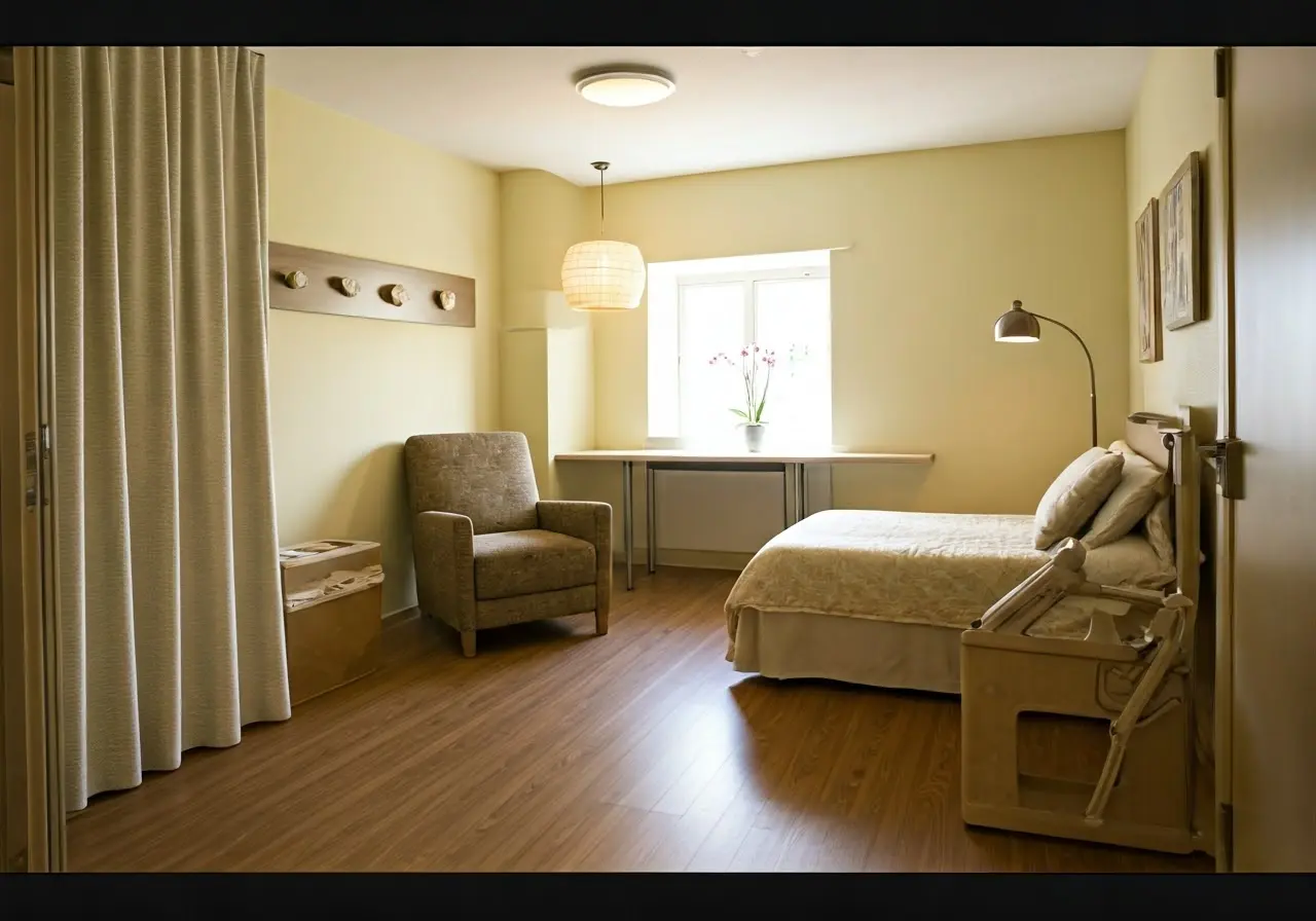 A serene hospice room with soft, calming decor and lighting. 35mm stock photo