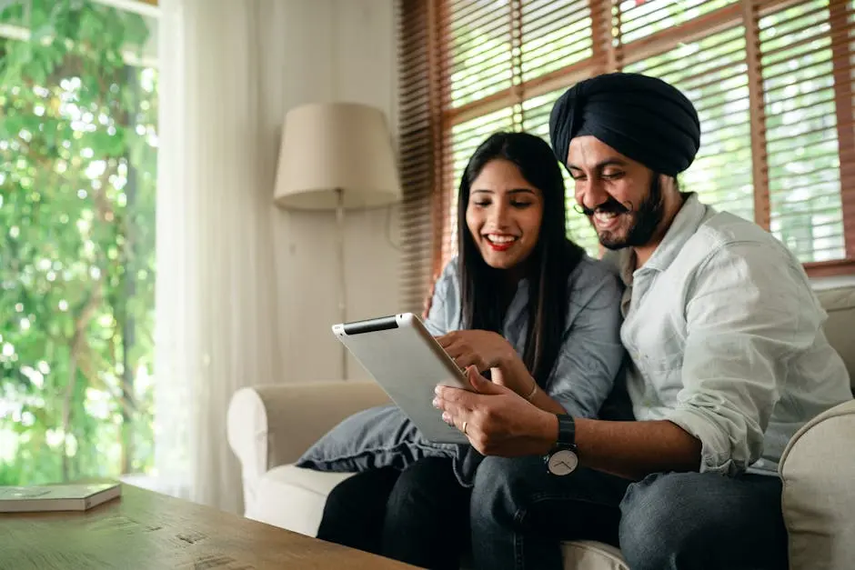 Casal étnico feliz navegando juntos no tablet