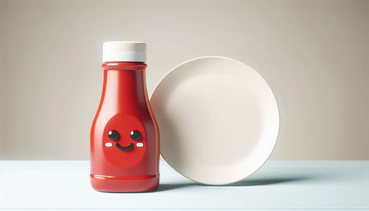 Draw a graphic in flat design style. Prompt: A single ketchup bottle with a smiley face, placed next to a generic plate, on a clean, minimalistic kitchen countertop.