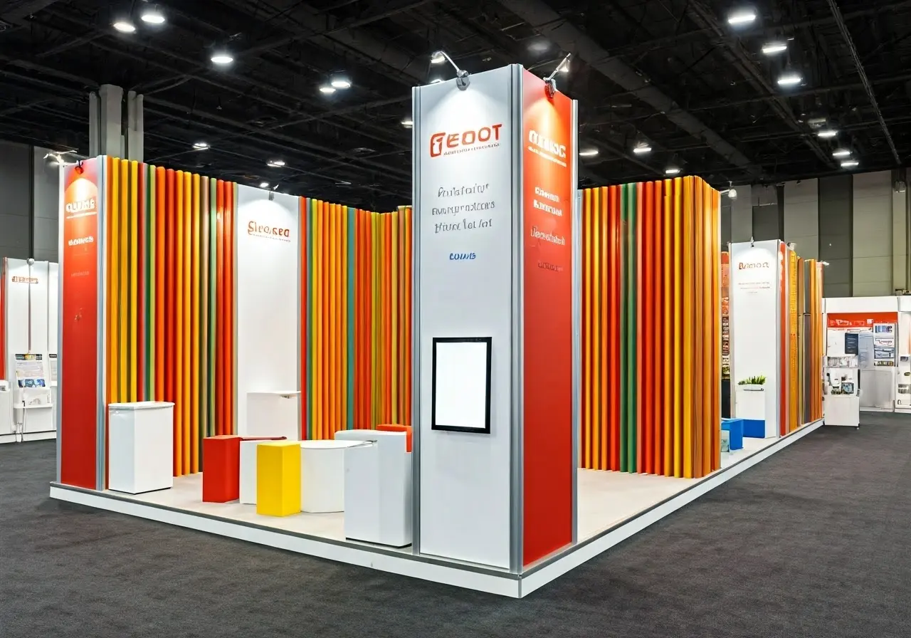 A colorful trade show booth with vibrant display signs. 35mm stock photo