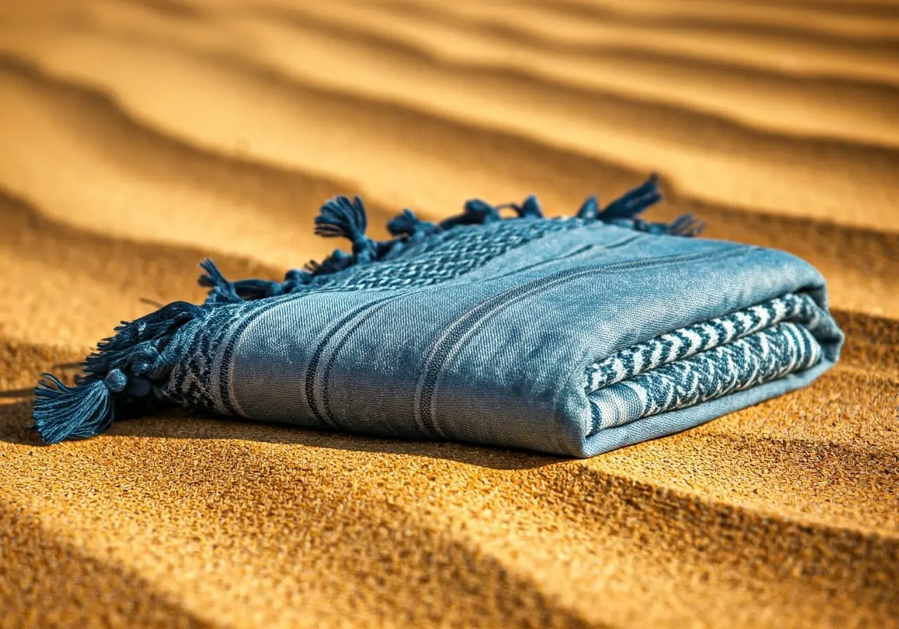 A folded shemagh keffiyeh with tassels, on a sandy backdrop. 35mm stock photo