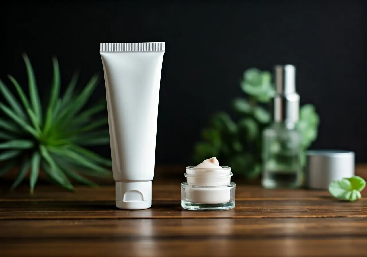 A tube of eye cream next to skincare products and plants. 35mm stock photo