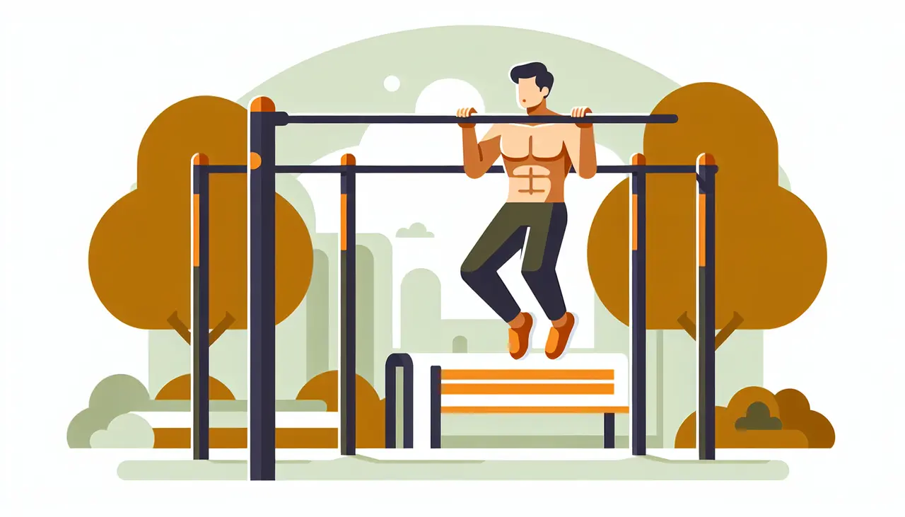 Draw a graphic in flat design style. Illustrate a person doing pull-ups on a simple, outdoor bar in a park, with trees in the background.