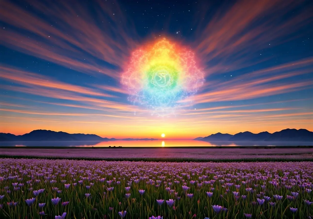 A serene landscape with colorful chakra symbols in the sky. 35mm stock photo