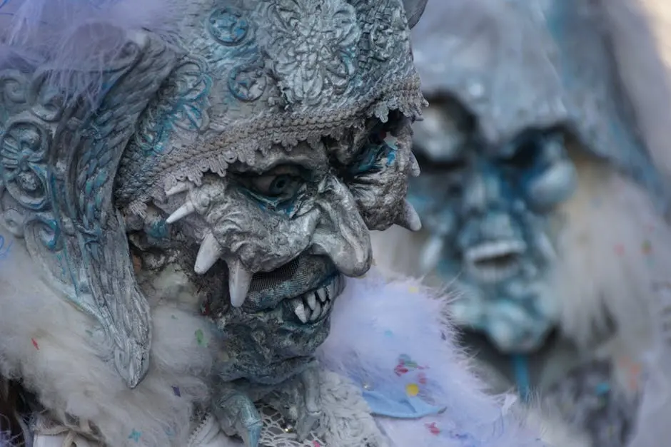 Close-up of elaborate carnival masks showcasing gothic and spooky elements, perfect for Halloween or masquerade themes.