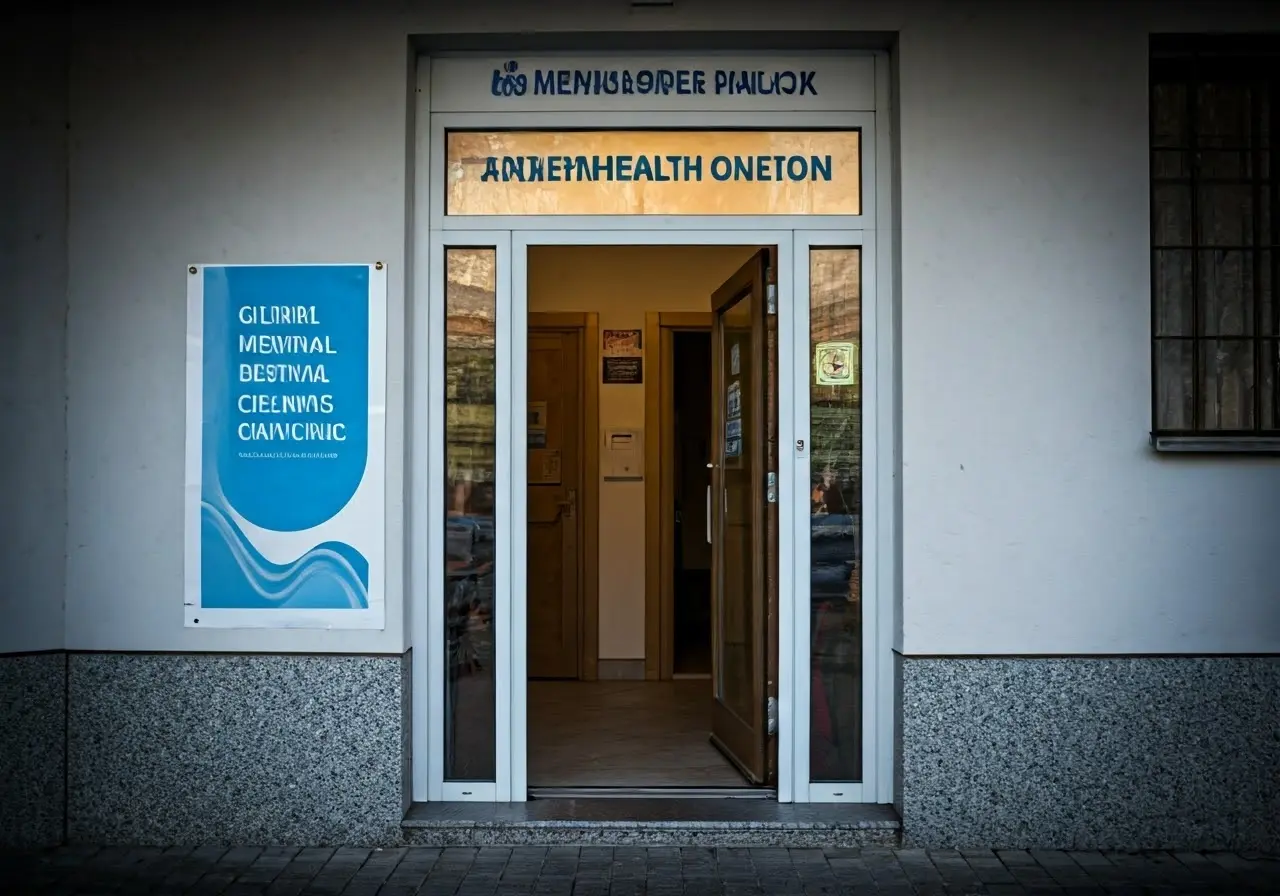 Open door to a mental health clinic with visible signage. 35mm stock photo