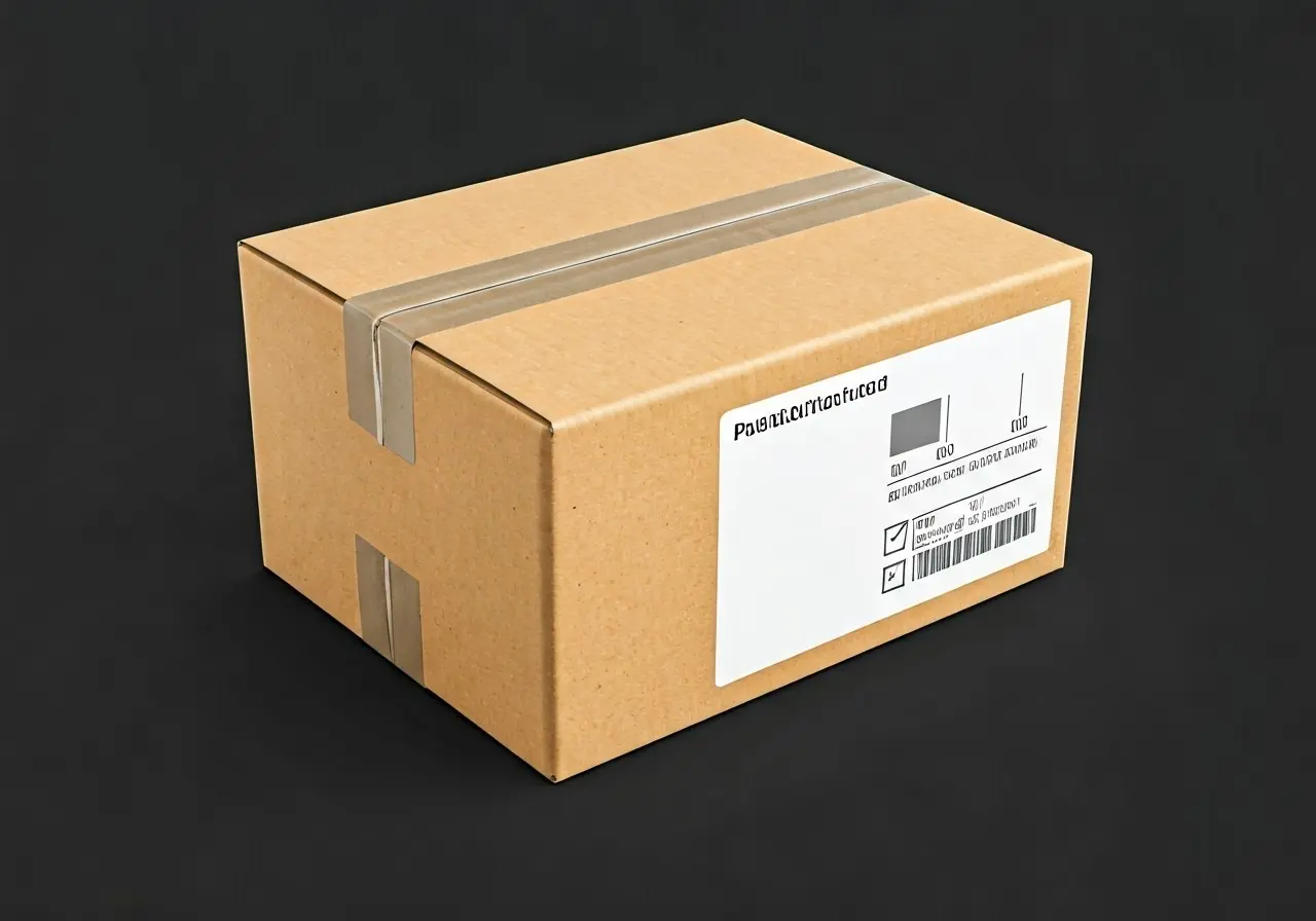 A packaging box with a manufacturer’s label and checkmark. 35mm stock photo