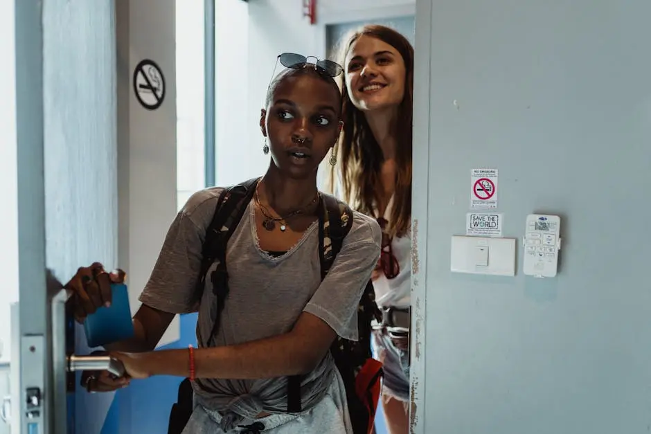 Two young women with backpacks enter a hostel room, ready for adventure.