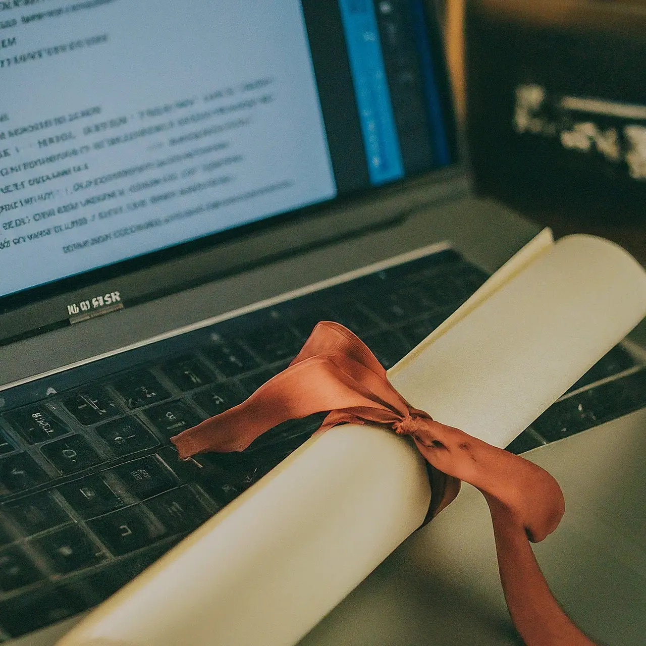 A diploma and a computer with a digital transcript displayed. 35mm stock photo