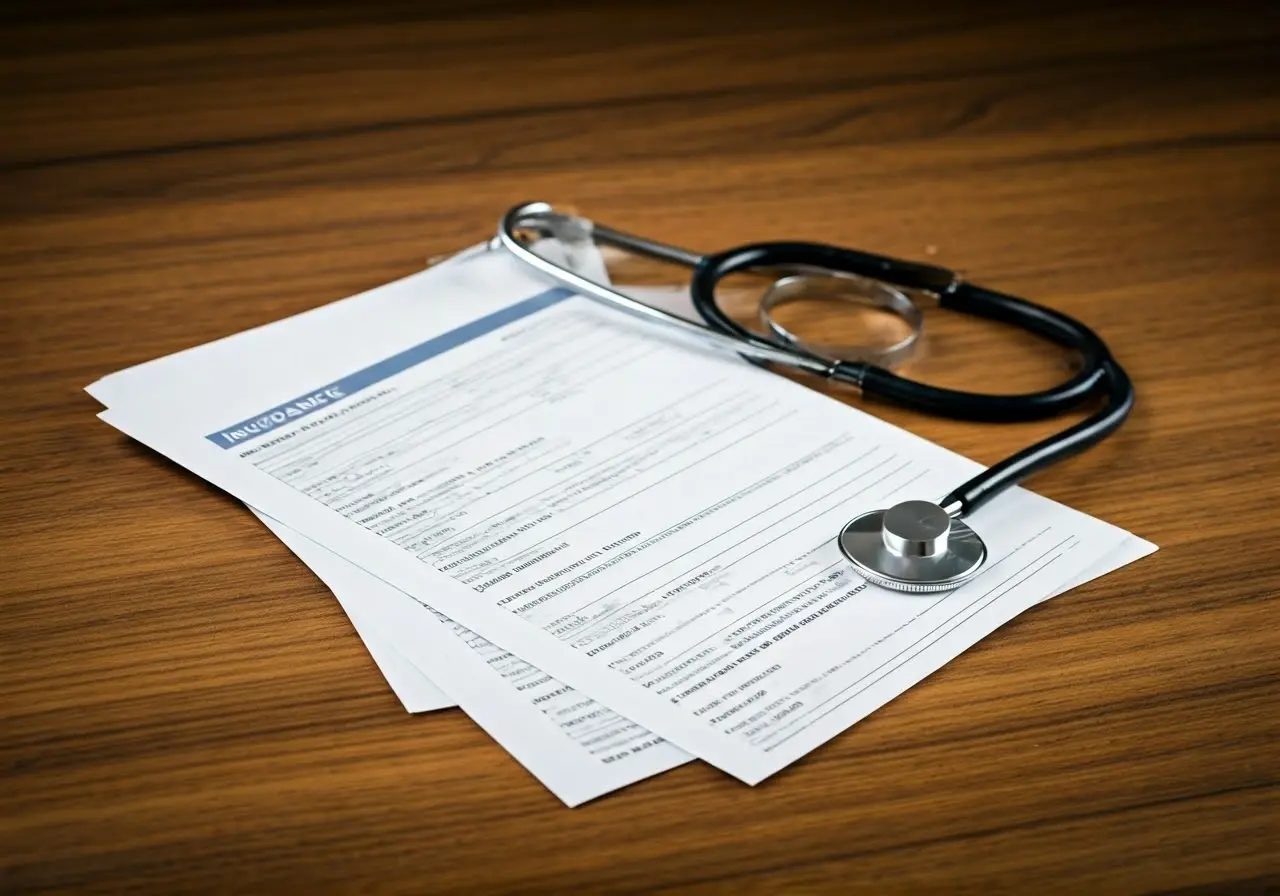 A stethoscope and insurance documents on a wooden desk. 35mm stock photo