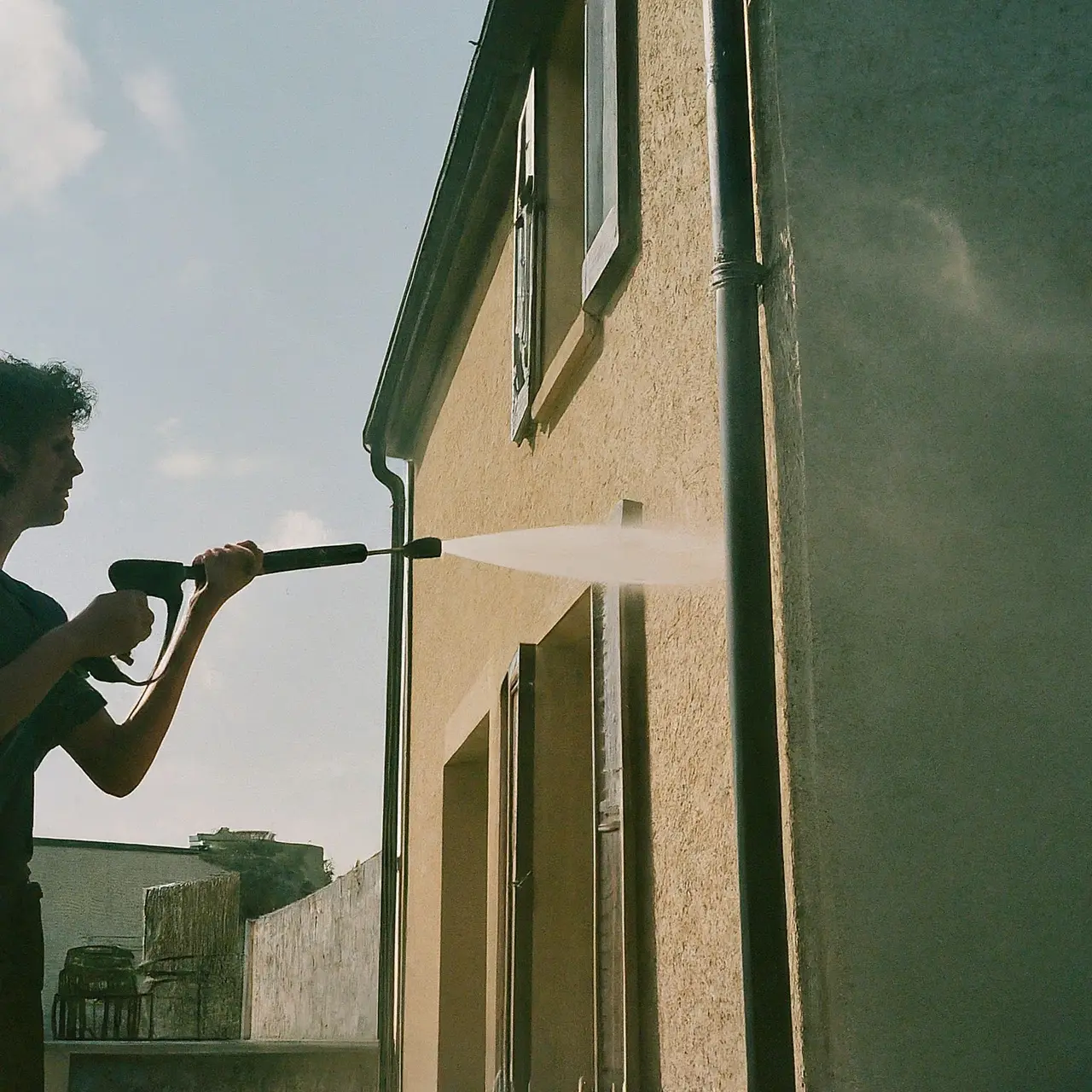 A person pressure washing a house exterior. 35mm stock photo